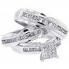 14K White Gold 1.34 ct Diamond Bride Groom Wedding 3-Ring Set