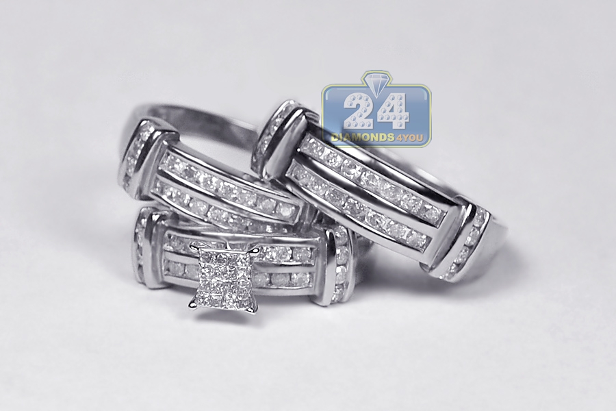 Mens Womens Diamond Wedding Bands  Rings  Set 14K Gold  1 34 ct