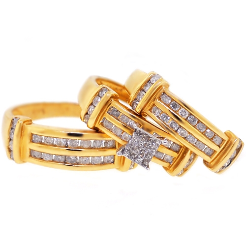 His Hers 1.30 ct Diamond Wedding 3-Ring Set 14K Yellow Gold
