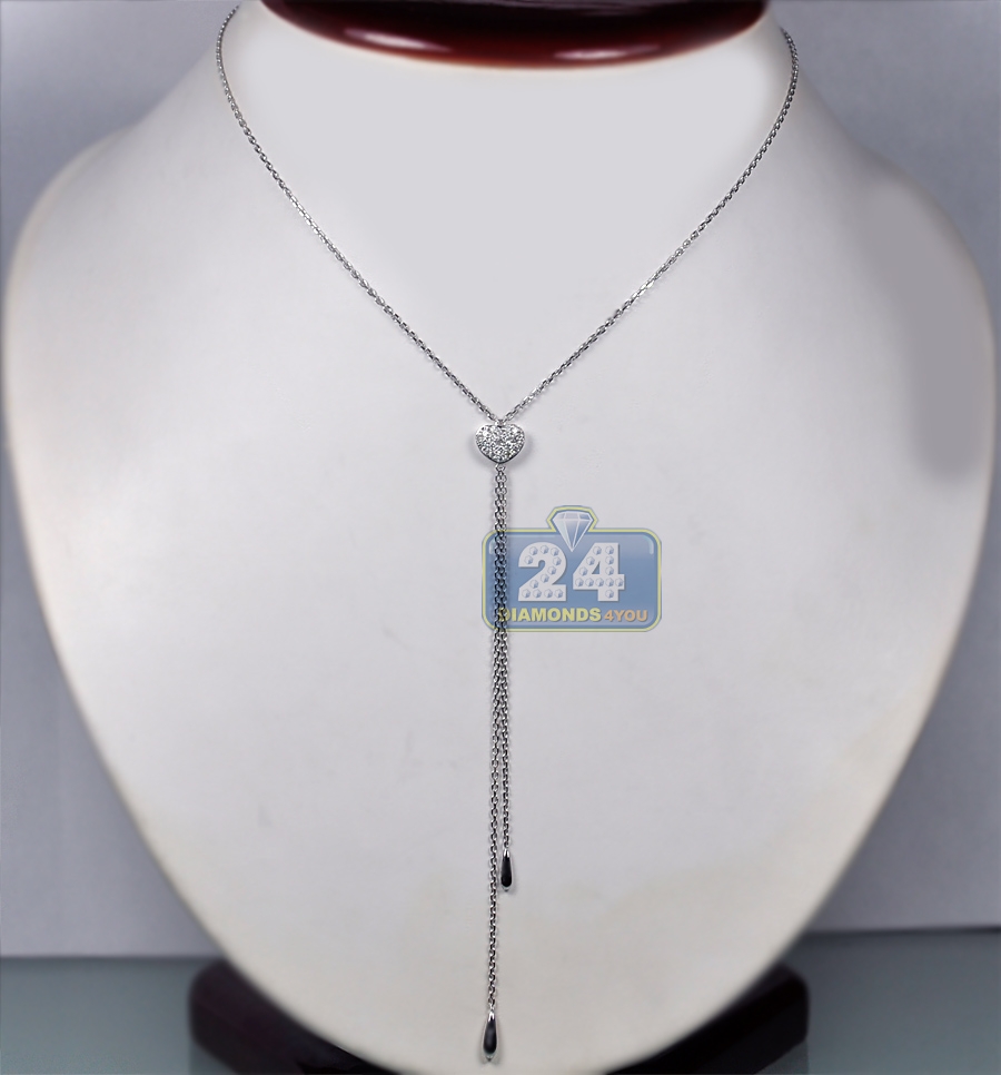 Womens Diamond Heart Lariat Necklace 18K White Gold 0.25ct 17"