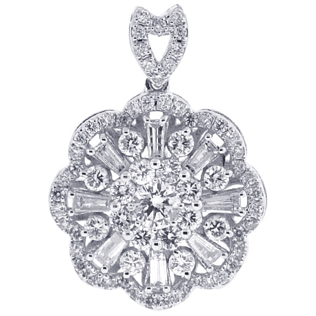 Womens Diamond Cluster Flower Pendant 18K White Gold 1.35ct
