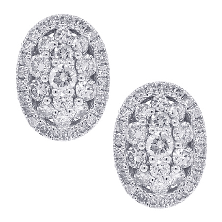 Womens Diamond Cluster Oval Stud Earrings 18K White Gold 1.01 ct