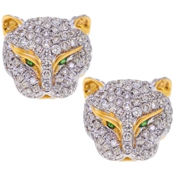 18K Yellow Gold 1.10 ct Diamond Panther Womens Stud Earrings
