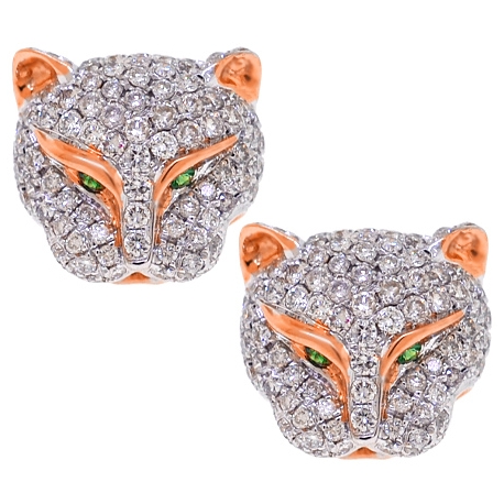 Womens Diamond Panther Head Stud Earrings 18K Rose Gold 1.10 ct