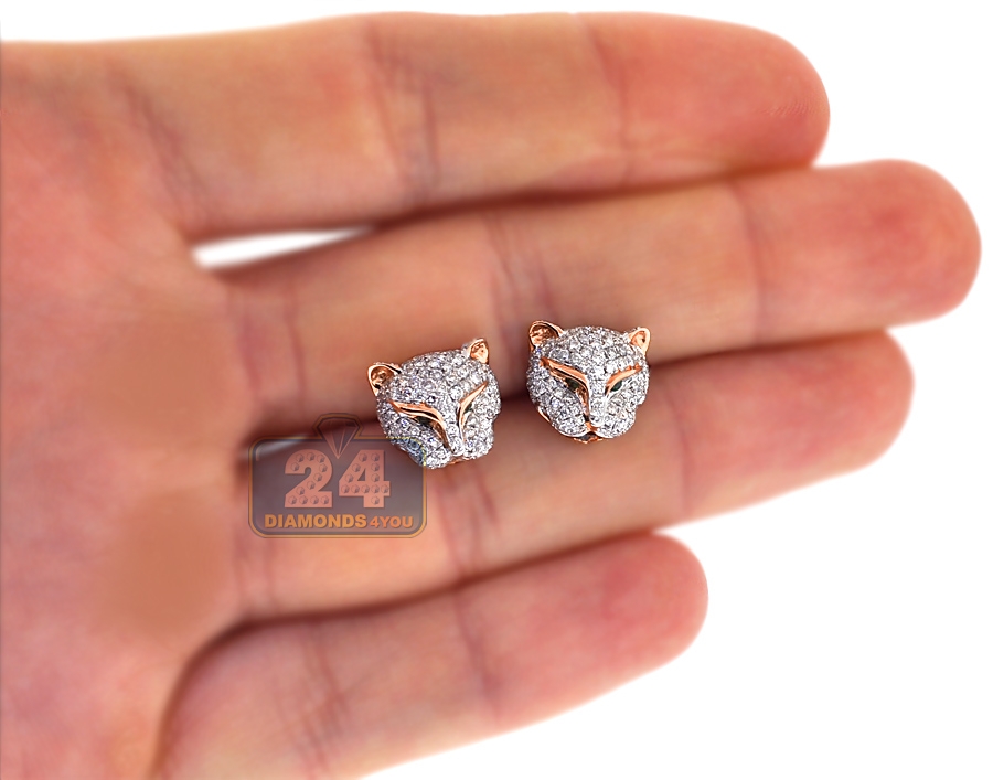 Womens Diamond Panther Head Stud Earrings 18K Rose Gold 1.10 ct
