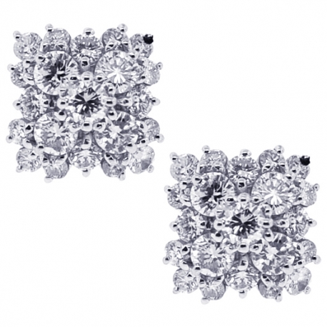 Womens Diamond Cluster Square Stud Earrings 18K White Gold 0.90 ct