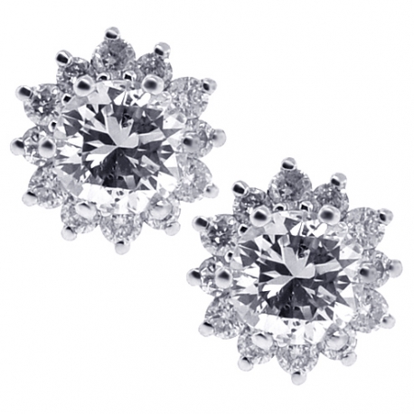 Womens Diamond Flower Stud Earrings 18K White Gold 0.95 ct 7 mm