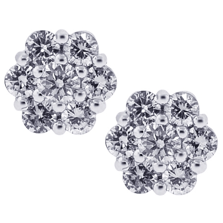 Womens Diamond Cluster Stud Earrings 18K White Gold 0.80 ct 7 mm