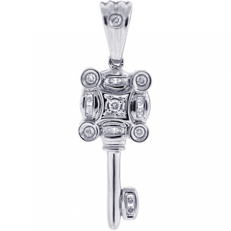 Womens Diamond Vintage Key Love Pendant 14K White Gold 0.17ct
