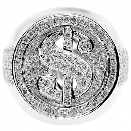 Mens Diamond Dollar Sign Money Ring 14K White Gold 1.88 ct