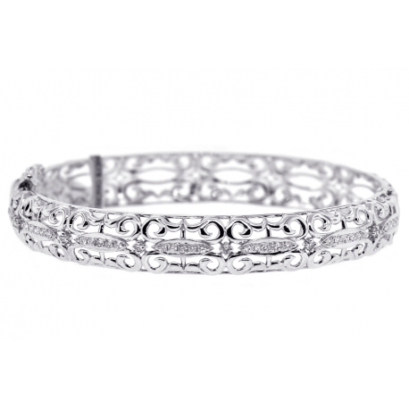 Womens Diamond Filigree Bangle Bracelet 18K White Gold 0.55 ct