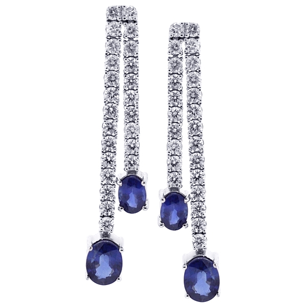 White gold finish Teardrop blue sapphire and created diamond dangle earrings