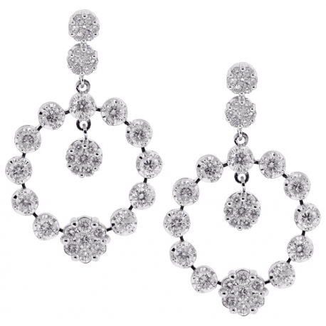 Womens Diamond Cluster Dangle Earrings18K White Gold 3.18 ct