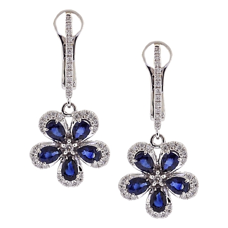 Womens Diamond Blue Sapphire Flower Drop Earrings 14K White Gold
