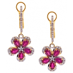 14K Yellow Gold 2.21 ct Diamond Ruby Womens Flower Earrings