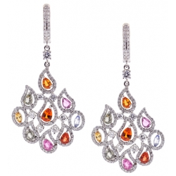 Womens Diamond Sapphire Dangle Flame Earrings 18K Gold 6.43ct