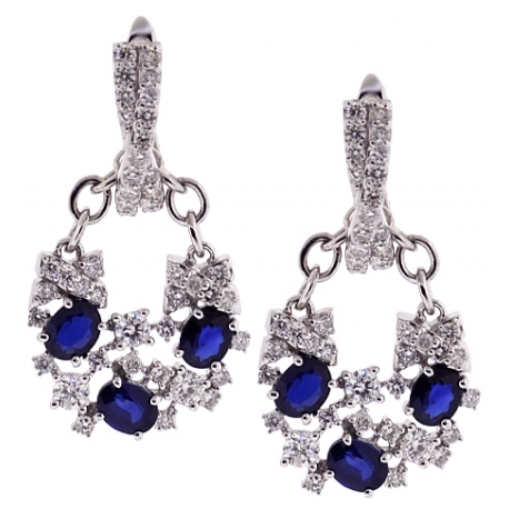 Womens Diamond Blue Sapphire Drop Earrings 18K White Gold 4.46 ct