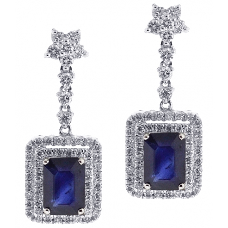 Womens Blue Sapphire Diamond Drop Earrings 18K White Gold 3.17 ct