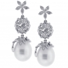 Womens Diamond 11 mm Pearl Drop Earrings 18K White Gold 0.52 ct