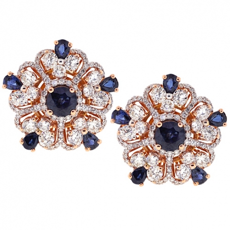 Womens Diamond Sapphire Flower Earrings 18K Rose Gold 8.56 ct
