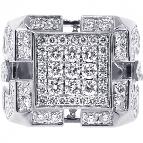 Mens Diamond Large Square Ring 14K White Gold 4.07 Carats