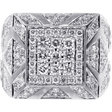 Mens Diamond Large Square Pinky Ring 14K White Gold 3.68 ct