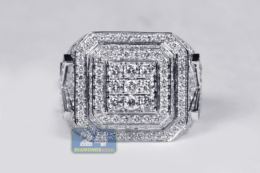 Mens Iced Out Diamond Large Square Ring 14K White Gold 4.18 ct