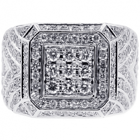 Mens Diamond Rising Square Pinky Ring 14K White Gold 3.37 ct