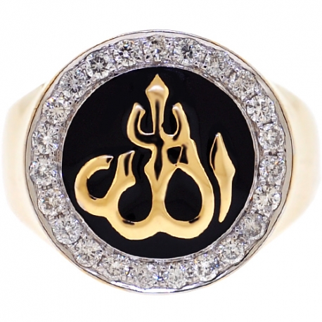 Mens Diamond Enamel Allah Religious Ring 14K Yellow Gold 0.85 ct