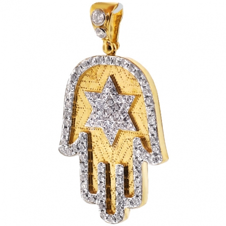 Mens Diamond Hamsa Hand Star of David Pendant 14K Yellow Gold