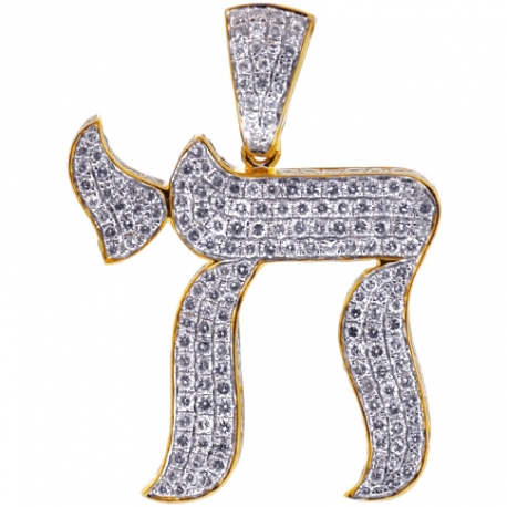 Mens Diamond Jewish Chai 3D Pendant 14K Yellow Gold 4.65 ct