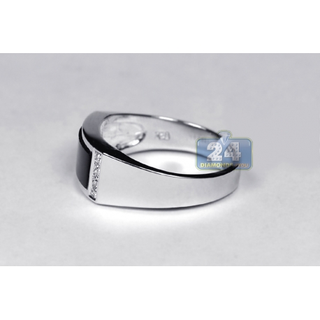 Mens Diamond Onyx Rectangle Pinky Ring 18K White Gold 0.12 ct