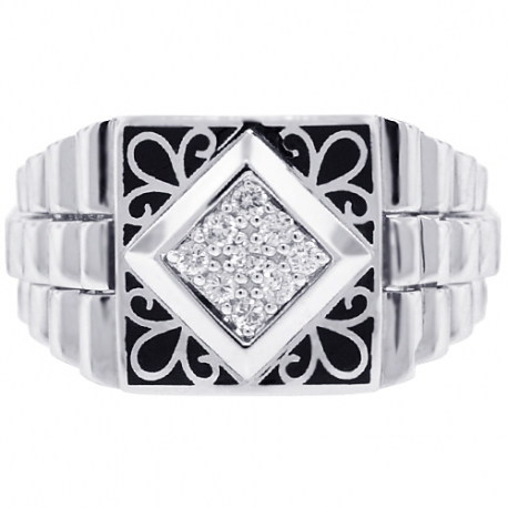 Mens Diamond Enamel Step Pinky Ring 18K White Gold 0.22 ct