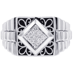 18K White Gold 0.22 ct Diamond Black Enamel Mens Ring