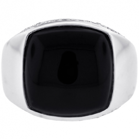 18K White Gold 0.40 ct Diamond Cabochon Onyx Mens Ring