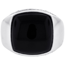 18K White Gold 0.40 ct Diamond Cabochon Onyx Mens Ring