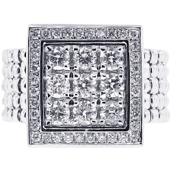 Mens Diamond Square Signet Pinky Ring 18K White Gold 1.65 ct