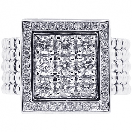 Mens Diamond Square Signet Pinky Ring 18K White Gold 1.65 ct