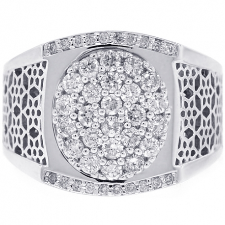 Mens Diamond Pave Oval Filigree Ring 18K White Gold 1.14 ct