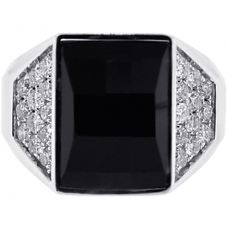 Mens Diamond Black Onyx Rectangle Ring 18K White Gold 0.90 ct