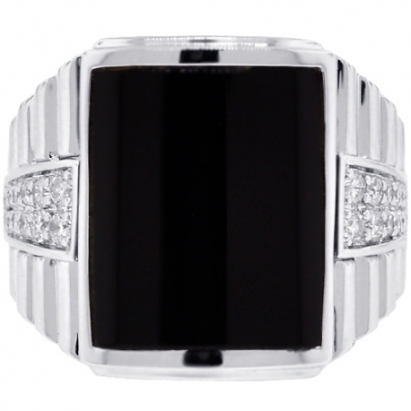Mens Diamond Onyx Rectangle Step Ring 18K White Gold 0.53 ct