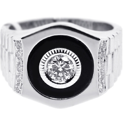 Mens Diamond Onyx Solitaire Pinky Ring 18K White Gold 0.70 ct