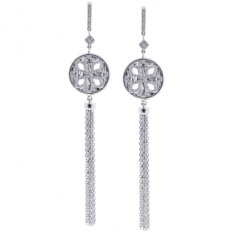 Womens Diamond Mesh Dangle Earrings 18K White Gold 0.90 ct 4"