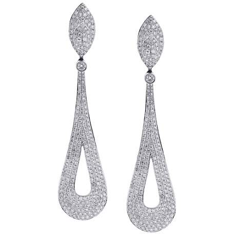 Womens Diamond Pave Drop Earrings 14K White Gold 5.74 ct 3 inch