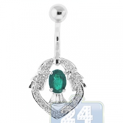 14K White Gold Diamond Green Emerald Womens Vintage Belly Ring