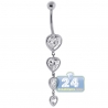14K White Gold Four Hearts CZ Womens Dangle Belly Ring