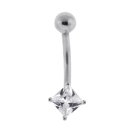 14K White Gold Princess CZ Womens Solitaire Belly Ring