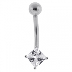 14K White Gold Princess CZ Womens Solitaire Belly Ring