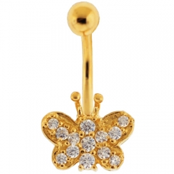 14K Yellow Gold CZ Butterfly Womens Belly Ring