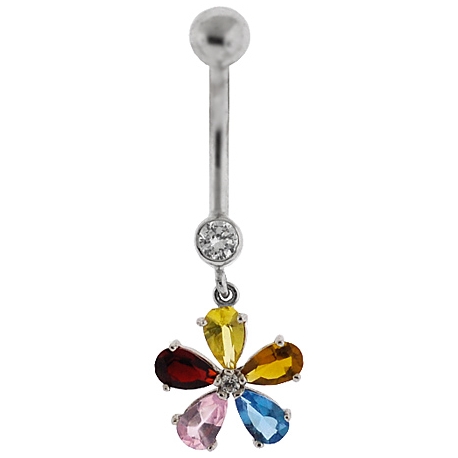 14K White Gold CZ Flower Womens Dangle Belly Ring
